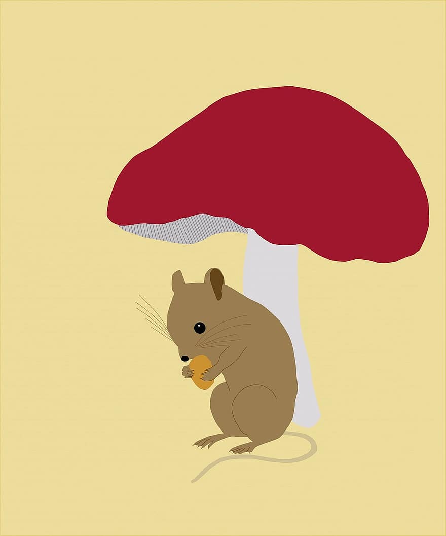 Field Mouse, Mouse, Animal, Cute, Art, Toadstool, Eating, Acorn, Yellow Animals, Yellow Art, Yellow Field