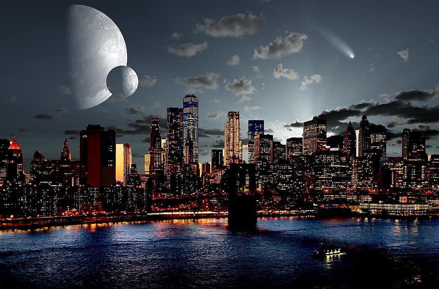 new york, Cityscape, kaki langit, kota, fantasi, Manhattan, bumi, ruang, fiksi, malam, pencakar langit