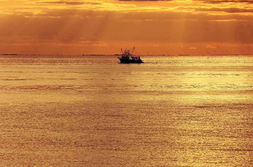 rybářská loď, západ slunce, moře, oceán, Anglie, Spojené království, sluneční paprsky, soumrak, voda, letní, slunce