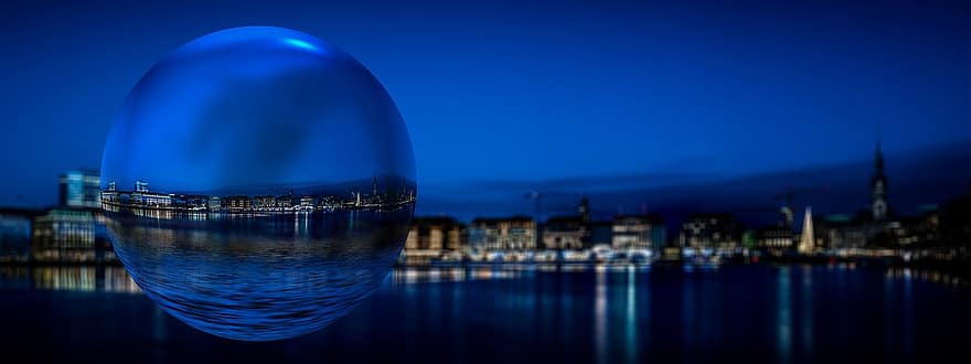 Hamburg, Ball, Round, Soap Bubble, Binnenalster, Virgin Web, Blue Hour, Panorama, Lights