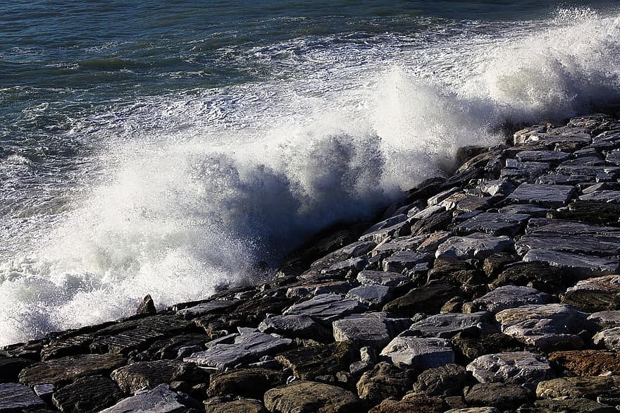 海、防波堤、しぶき、波、海岸、岩、石、巨石、海洋、水、海の泡