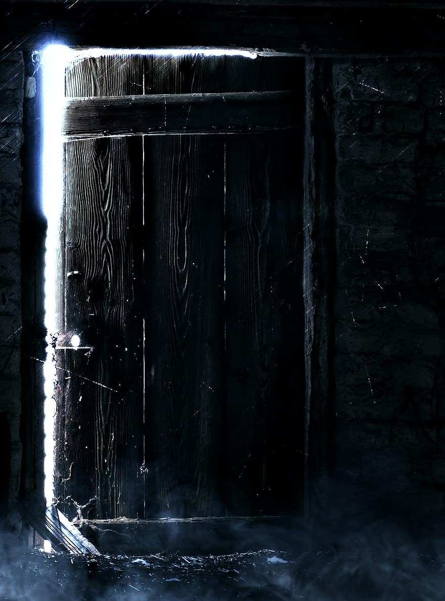 дверь, подвал, погреб, бункерный, перхоть, сарай, скрывать, страх, Свечение света, темнота, деревянная дверь