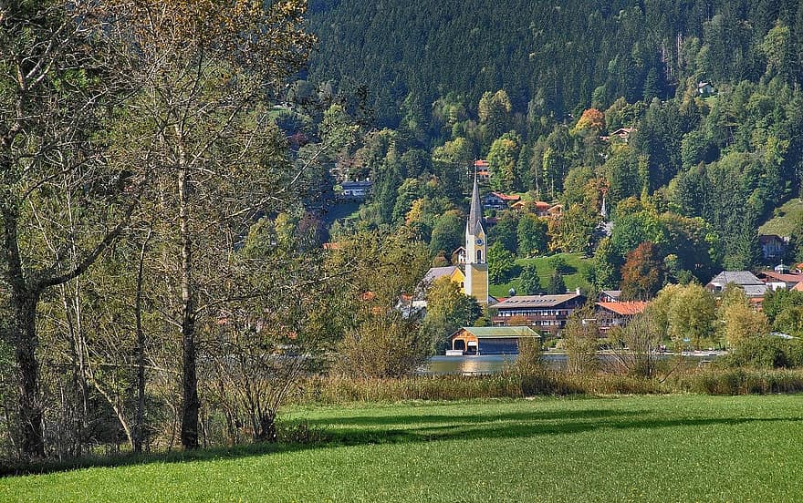 природи, сільській місцевості, місто, село, на відкритому повітрі, дерева, краєвид, гори, Альпи, Баварія, Німеччина