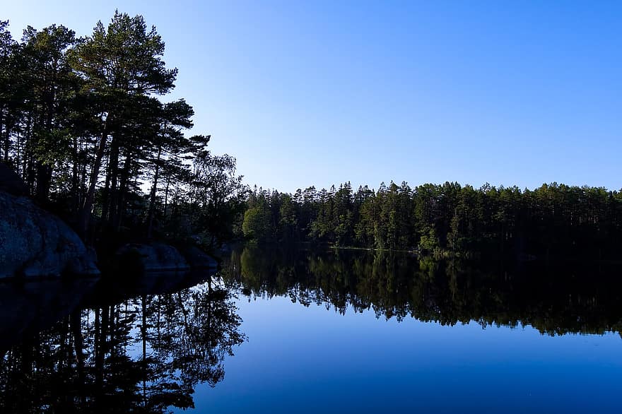 meer, berg-, Bos, natuur, landschap, Zweden
