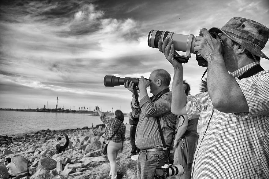 fotografer, kameror, fotografi, digitalkamera, fotografera, kust, kustlinje, människor, män