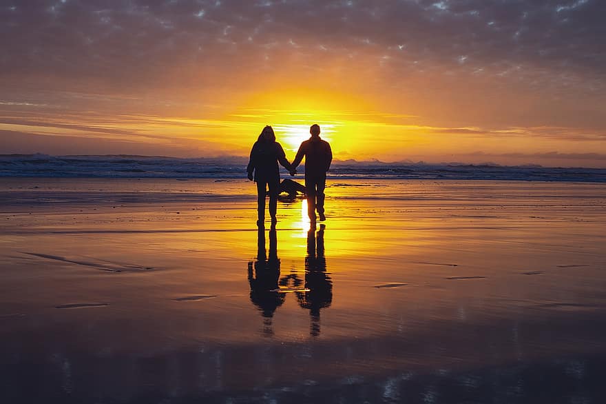parella, platja, posta de sol, oceà, Costa, paisatge, crepuscle, dones, homes, amor, vespre