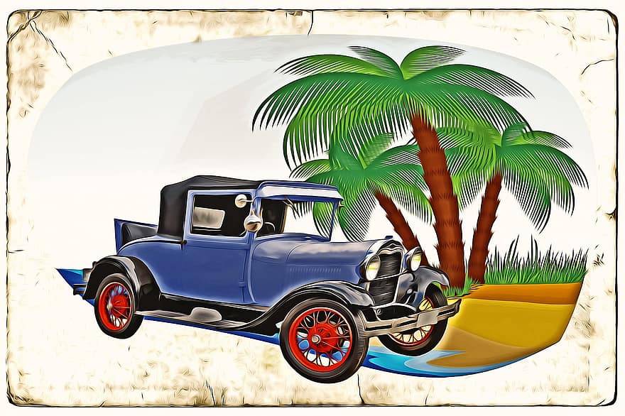 veicolo, osare, Vintage ▾, trasporto, antiquariato, vecchio, guidare, auto d'epoca, manifesto, cartolina, palme