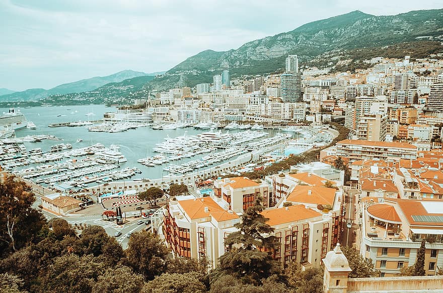 barcos, yates, patio de botes, muelle, Puerto, edificios, agua, vista aérea, vista panorámica, Francia, Mónaco