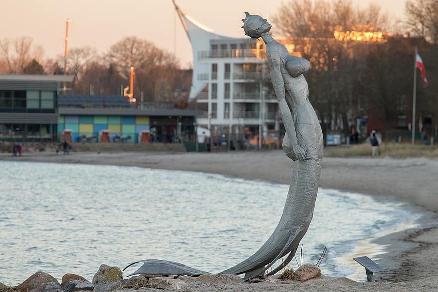 морска сирена, скулптура, Eckernförde, град, парк, статуя, море, плаж, Балтийско море, пясък, бряг