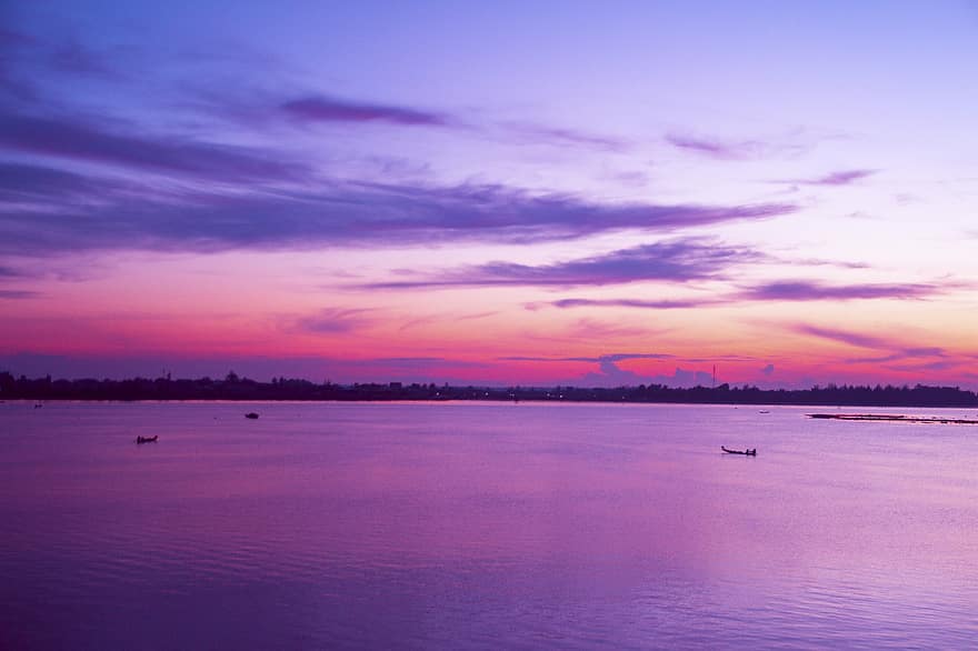 tramonto, alba, lago, barca, nuvole, riflessione, paesaggio, natura