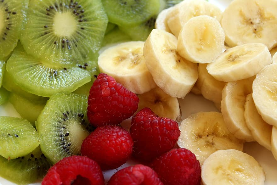 плодове, киви, банан, малини, диета, витамини, здрав, свежест, храна, едър план, здравословно хранене
