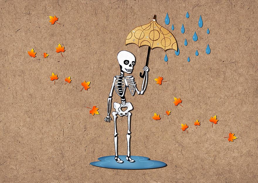 skelet, plas, paraplu, regen, schattig, grappig, tekens, Sprookjes voor kinderen, herfst