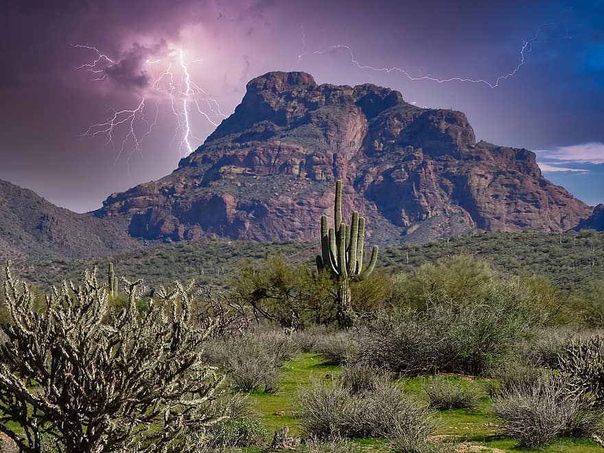arizona, munţi, furtună, Arizona deșert, peisajul arizona, deşert, peisaj, fulger, vreme, muson, desert muson