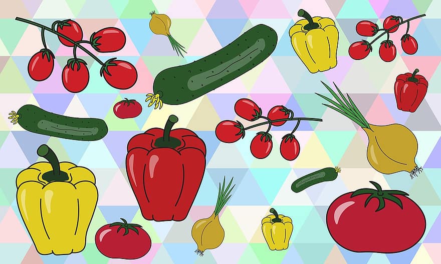овощи, огурец, помидор, помидоры черри, болгарский перец, перец, желтый перец, красный перец, лук, фон