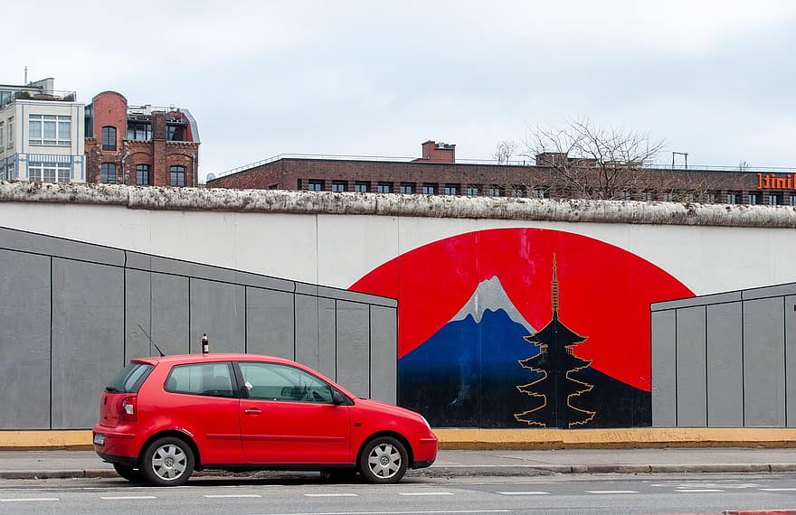 parete, graffiti, muro di Berlino, arte, Tingere, architettura, esterno dell'edificio, auto, mezzi di trasporto, inverno, albero