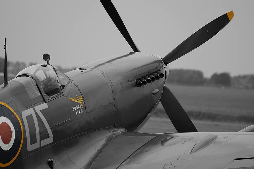 aereo, spitfire, monocromatico, Vintage ▾, vecchio, elica, aereo da combattimento, ww2