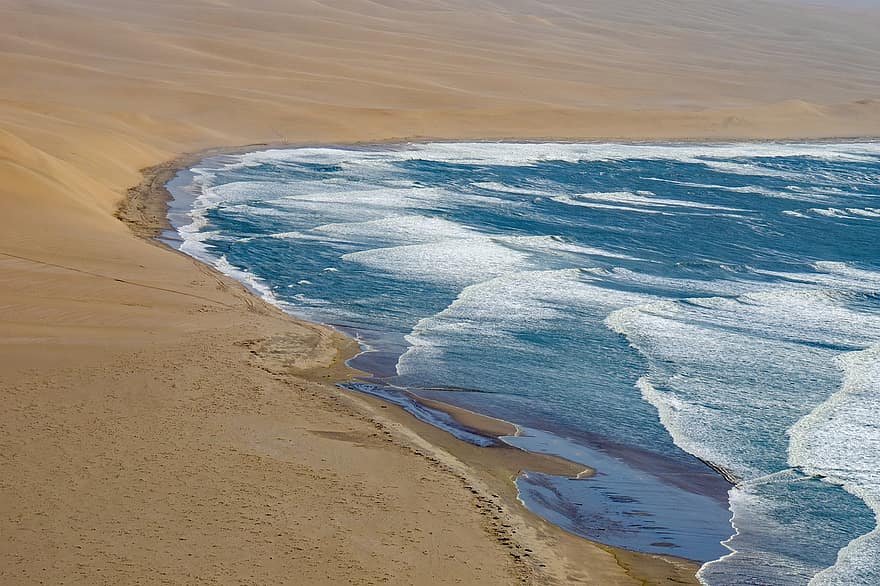 pakrantėje, Namibija, dykuma, smėlis, jūros, vandenynas, Krantas, jūros pakrantėje, kopos, smėlio kopos, bangos