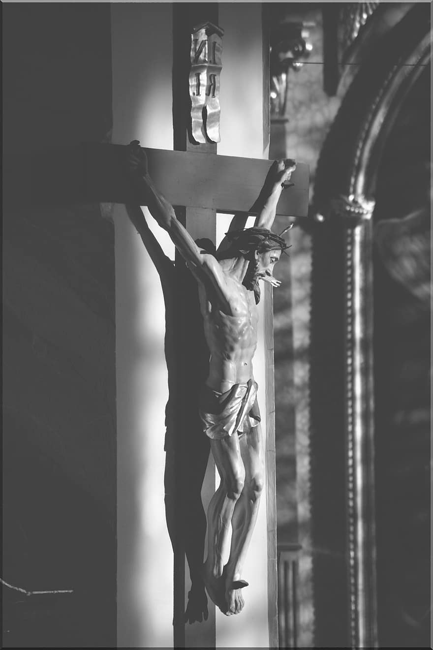 crucifix, Hristos, Iisus, monocrom, suferinţă, jale, biserică, artă, lemn