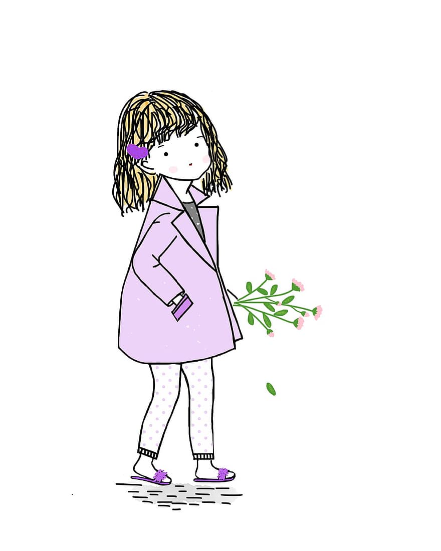 niña, las flores, niño, linda, infancia, púrpura, clavel, zapatillas, adorable, bosquejo, dibujo