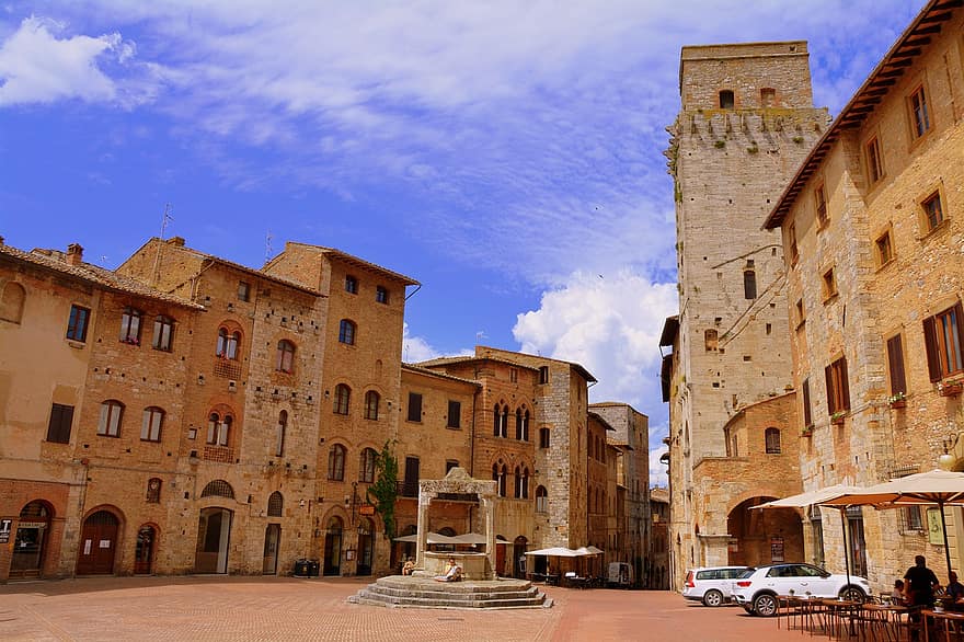 piazza, palazzi, antico, cielo, nuvole, architettura, costruzione, San Gimignano, Toscana, Italia