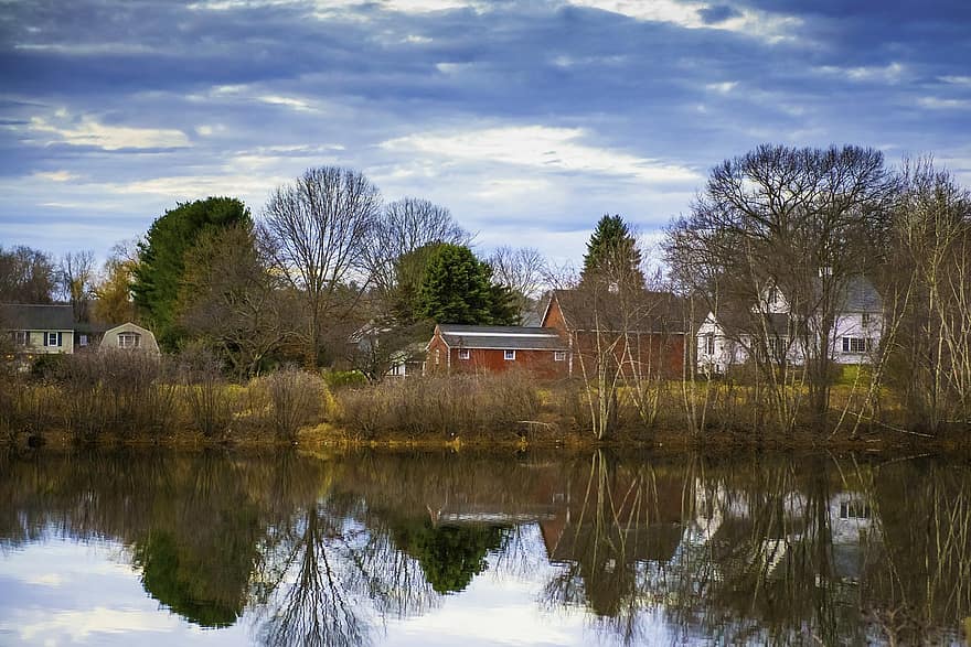 Lake, Farm, Buildings, Trees, Forest, Water, Reflections, Sky, Autumn, Fall, Nature