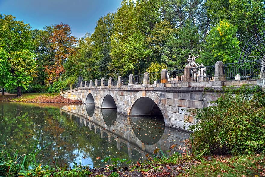 bro, elv, parkere, skog, Warszawa, Polen, lazienki park, Royal Baths Park, arkitektur, hage, natur