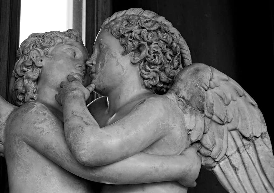 彫像、ウフィツィ、フィレンツェ、白黒、イタリア、天使、アリ、彫刻、黒と白、大理石、守護天使