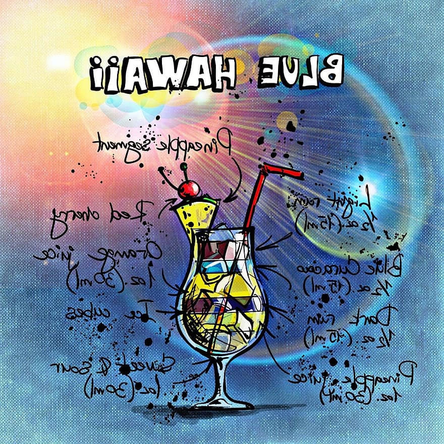 modré hawaii, koktejl, napít se, alkohol, recept, večírek, alkoholik