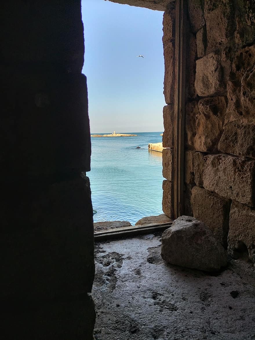vesting, venster, zee, steen, oude, water, Libanon, zomer, architectuur, kustlijn, rots
