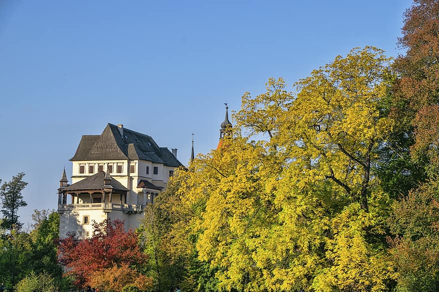 castillo, Republica checa, arboles, otoño