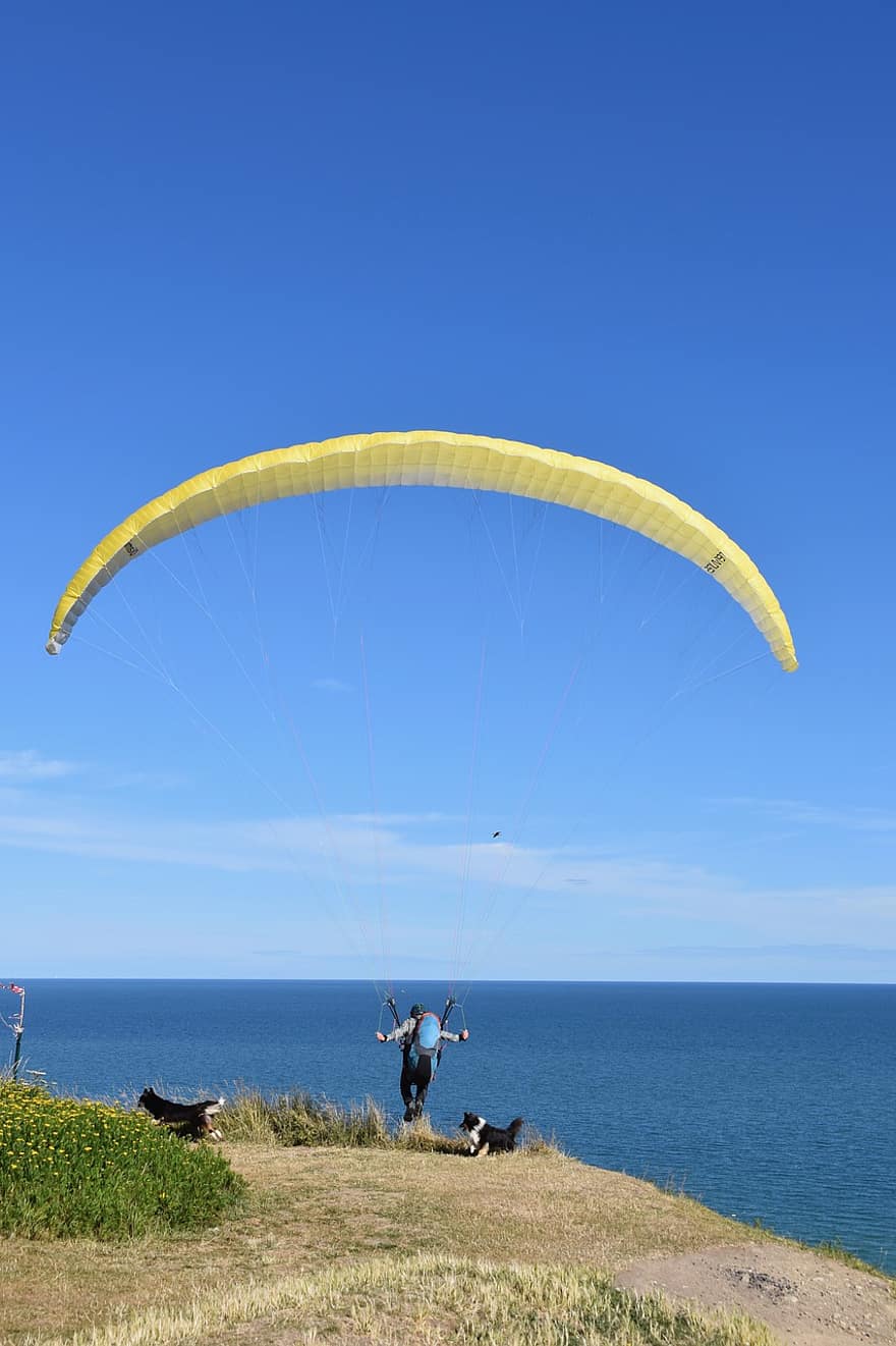 paragliding, paraglider, ta av, fly avgårde, paraglider vinge, luftfartøy, Vingeribben Diamir2, fly, linjer, seiling blå, luft