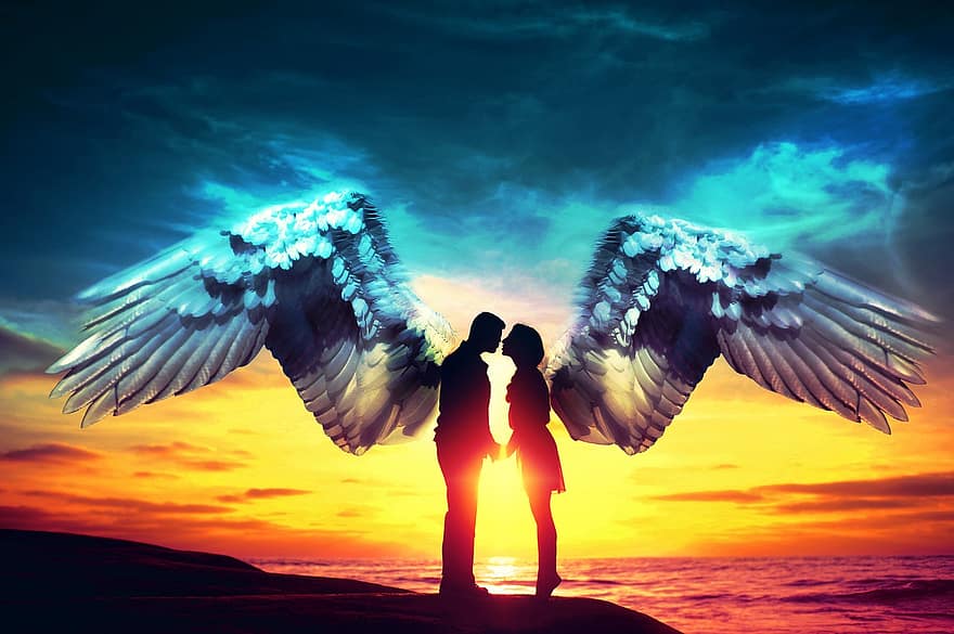 engle, par, kærlighed, himmel, vinger, romantisk, solnedgang