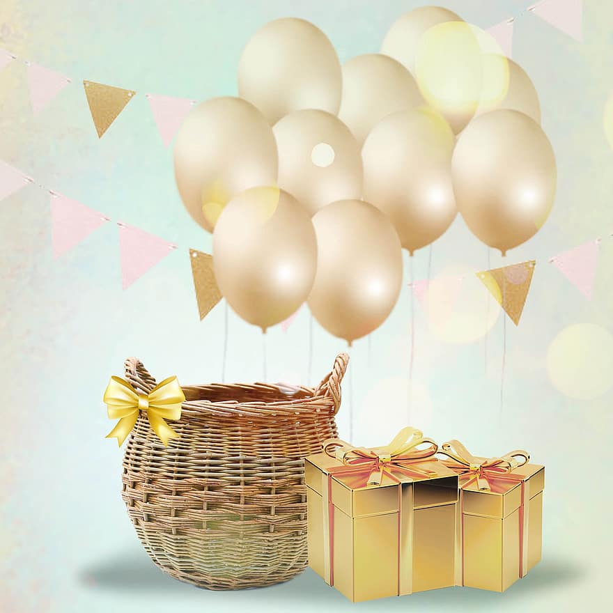 ilmapalloja, kori, nauha, koriste, vauva, ensimmäinen syntymäpäivä, syntymäpäivä, juhla, lapset, söpö, lahjat