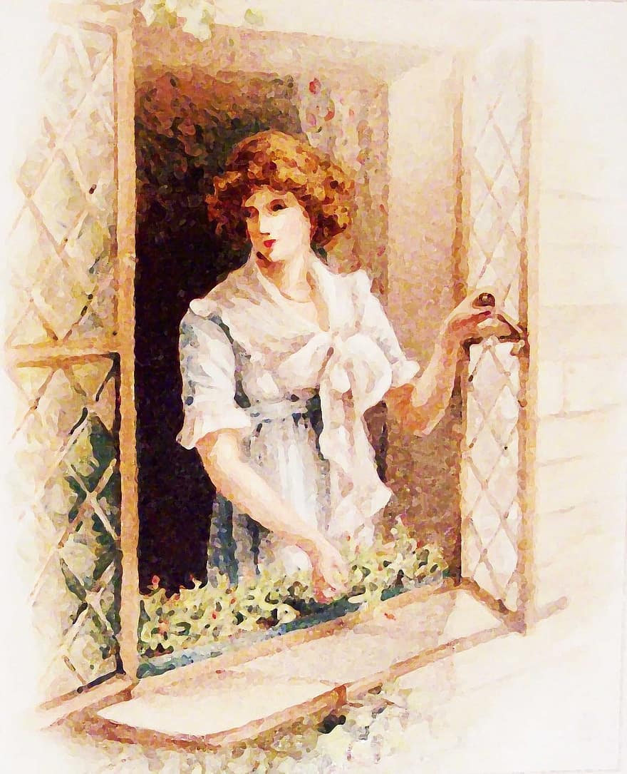 kvinne, årgang, vindu, blomster, Jeg, balkong, 1920, mennesker, blomst, portrett, dame