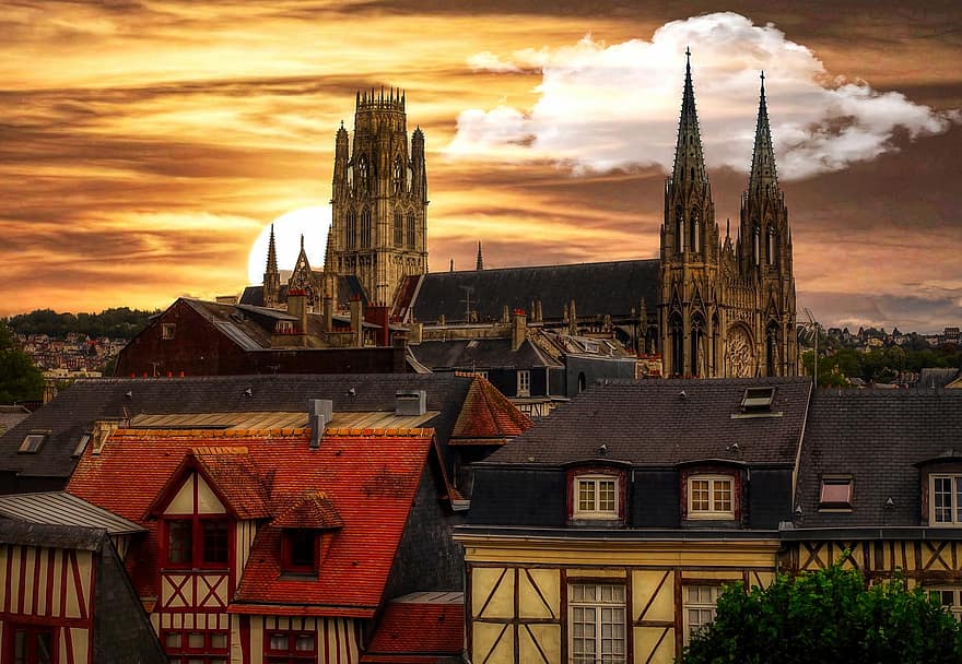 Cathédrale Notre-dame De Rouen, Cathedral, Building, Architecture, Sunset, City, Old Town, Sun, Catholocism, famous place, christianity