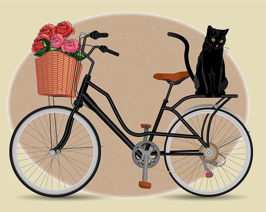 Katze, Tier, Fahrrad, Blumen, Jahrgang, Korb, Stuhl, Zeichnung, Vektor, Illustration, Rad