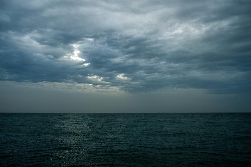 meri, pilviä, auringonlasku, myrskypilvet, pilvinen, taivas, luonto