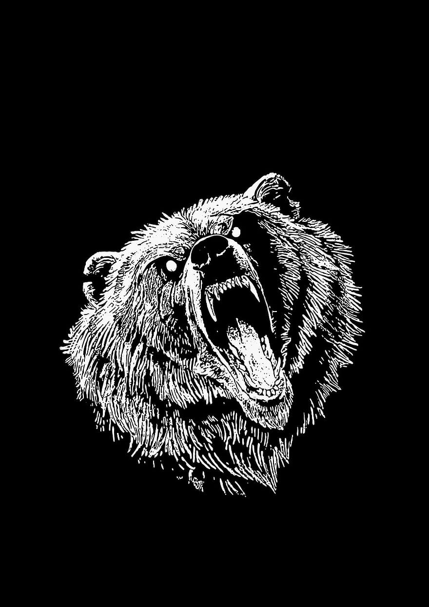 oso, mamífero, rugido, ilustración, vector, animales en la naturaleza, grande, tatuaje, cabeza de animal, dibujos animados, en blanco y negro