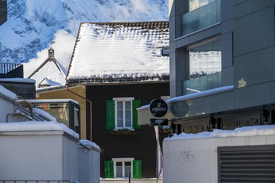 Elveţia, Engelberg, iarnă, zăpadă, arhitectură, exteriorul clădirii, gheaţă, acoperiş, peisaj urban, construită, zonă rezidențială