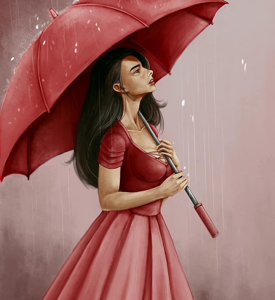 kvinne, lokk, paraply, portrett