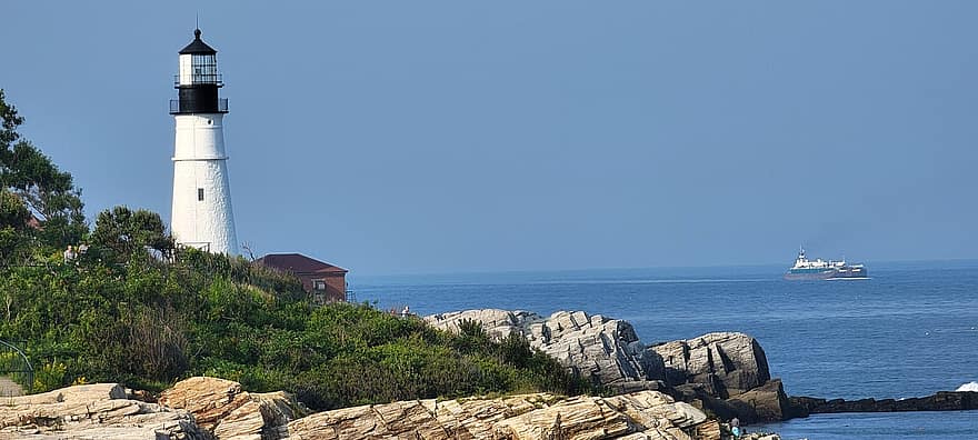Lighthouse, Ocean, Coast, Nature, Outdoors, Sea, Boat, Maine