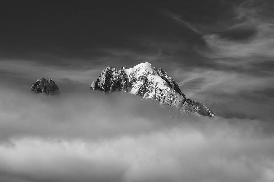 hegy, köd, felhők, hó, tájkép, csúcstalálkozó, Chamonix, Alpok, Franciaország