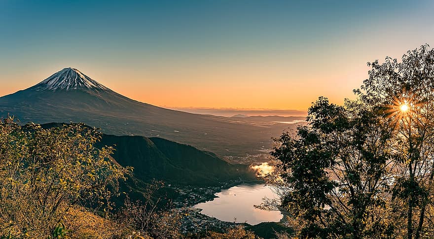 Mont Fuji, Lac, paysage, panorama, lever du soleil, l'automne