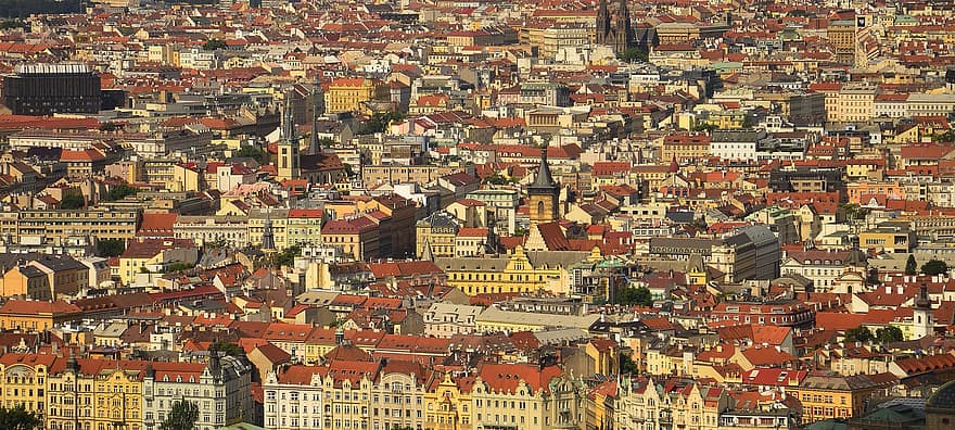 Praga, Miasto, Budynki, Republika Czeska, miejski, pejzaż miejski, krajobraz, kapitał, dach, architektura, widok z lotu ptaka