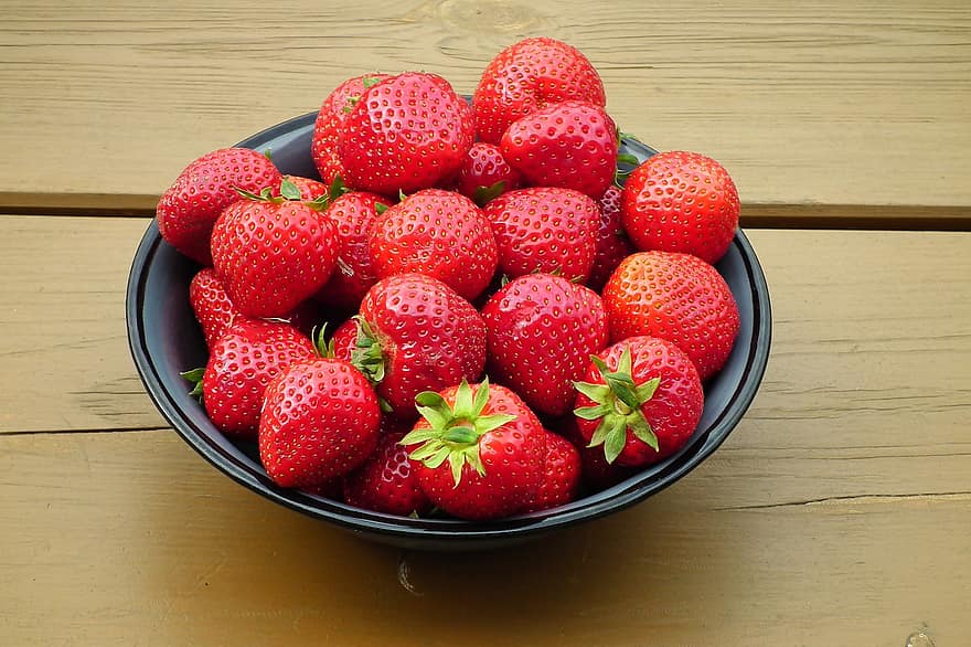 jordgubbar, frukt, mat, röda frukter, skål, tabell, producera, organisk