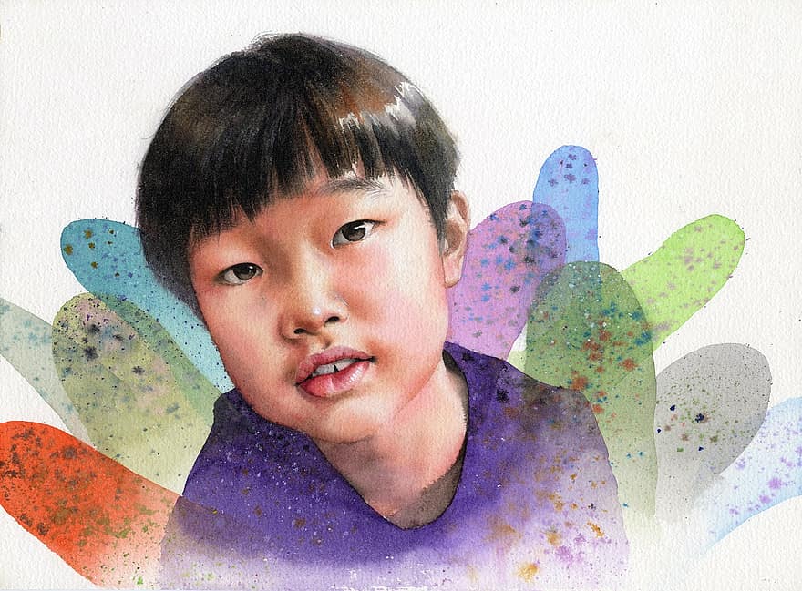 Watercolor Portrait, Children's, Works, Art, Watercolor, Figure, Children Face, Portraits, Boy, Colors