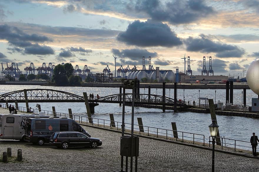 Hamburg, kikötő, napnyugta, város, tenger, vízi, épületek, szállítás, hajó, víz, szállítási mód