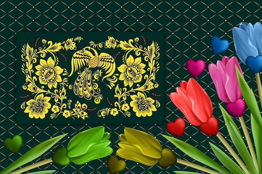 Contexte, raison, tulipes, couleurs, texture, conception, modèle, texture de fond, carte, fleurs, cœurs