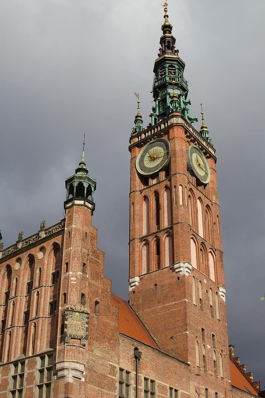 Gdańsk, Puola, arkkitehtuuri, rakennus, kuuluisa paikka, rakennuksen ulkoa, historia, rakennettu rakenne, viljelmät, kello, vanha