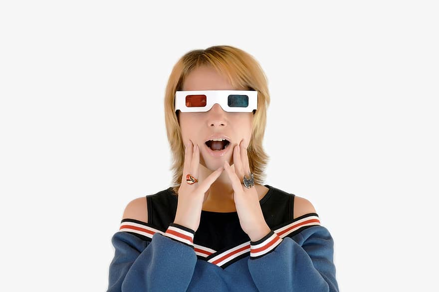 moteris, akiniai, 3D akiniai, žiūrovas, filmas, 3d, kinas, staigmena, Internetinis kinas